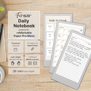 Daily Notebook for reMarkable Paper Pro Move, perpetual calendar and daily notes, 5 lined pages per day, hyperlinked, multicolor, undated