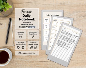 Daily Notebook for reMarkable Paper Pro Move, perpetual calendar and daily notes, 5 lined pages per day, hyperlinked, multicolor, undated