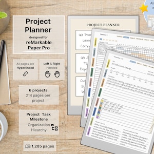 Project Planner for reMarkable Paper Pro, 6 Projects, Hyperlinked, Left-Right Handed, Business, Milestones, Tasks, Timelines, Kanban, Review