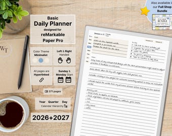 Basic Daily Planner for reMarkable Paper Pro – Minimalist, 2026, 2027, Year Quarter Day, Notebook, Calendar, Sunday-Monday, Left-Right