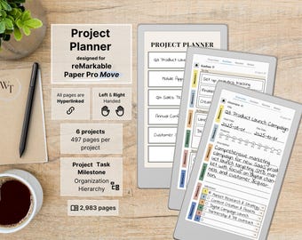 Project Planner for reMarkable Paper Pro Move, 6 Projects, Hyperlinked, Left-Right Handed, Business, Milestones, Tasks, Kanban, Review