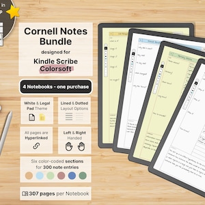 Puede incluir: Un paquete de cuadernos digitales Cornell para Kindle Scribe Colorsoft, que incluye cuatro cuadernos con hipervínculos de 307 páginas cada uno. El conjunto ofrece opciones de diseño rayado y punteado, versiones para zurdos y diestros, y seis secciones codificadas por colores para 300 entradas, mostrados en tabletas con un lápiz óptico.