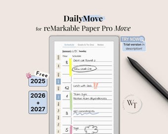 DailyMove for reMarkable Paper Pro Move, 2025-27, Daily Planner, Year Month Day, Notebook, Sunday-Monday, Left-Right, 2025, 2026, 2027