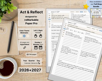 Act & Reflect for reMarkable Paper Pro, 2026, 2027, Minimalist, Daily Notebook and Reflection, Sunday-Monday, Left-Right, Hyperlinked
