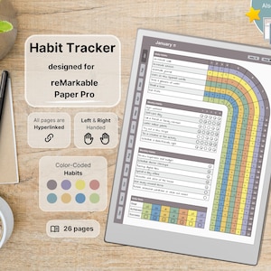 Rastreador de hábitos para reMarkable Paper Pro: hábitos diarios, semanales y mensuales; resúmenes de 12 meses; código de colores; hipervínculos; compatible con usuarios diestros y zurdos.
