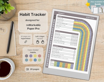 Strumento di monitoraggio delle abitudini per reMarkable Paper Pro, con codifica a colori, per le abitudini giornaliere, settimanali e mensili, con riepiloghi di 12 mesi, con collegamenti ipertestuali, per destrimani e mancini.