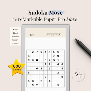 Sudoku Move for reMarkable Paper Pro Move, 600 Puzzles + Solutions on the Go, Puzzle Book, Mind Game, fully hyperlinked