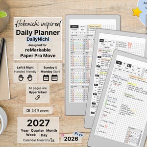 Tagesplaner für reMarkable Paper Pro Move, 2027, 2026, Hobonichi-Stil, DayNichi, Jahr, Quartal, Monat, Woche, Tag, Sonntag-Montag