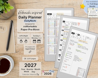 Daily Planner for reMarkable Paper Pro Move, 2027, 2026, Hobonichi Style, DayNichi, Year, Quarter, Month, Week, Day, Sunday-Monday