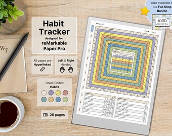 Habit Tracker for reMarkable Paper Pro, square layout, Daily weekly monthly habits, 12 month overviews, Hyperlinked, Left-Right Handed