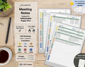 Vergadernotities voor ReMarkable Paper Pro, 180 vergaderingen, hyperlinks, links-rechtshandig, zakelijk, notitieboek voor vergaderingen, planner voor vergaderingen, bonuscadeau