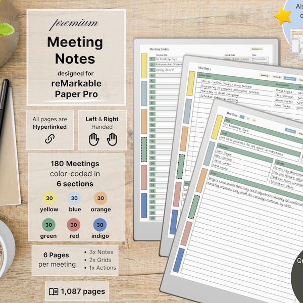 Meeting Notes for reMarkable Paper Pro, 180 Meetings, Hyperlinked, Left-Right Handed, Business, Meeting Notebook, Meeting Planner,Bonus Gift