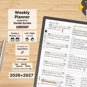 Kindle Scribe用週間プランナー Colorsoft — ミニマリスト、2026年、2027年、年、四半期、月、週、日曜日-月曜日、左利き-右利き