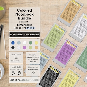 Anteckningsböcker för reMarkable Paper Pro Move, set med 10 färgade anteckningsböcker, 1207 sidor per anteckningsbok, linjerad med marginal, hyperlänkad, anteckningsblock