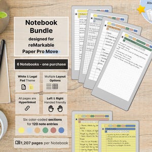 Set of 6 Notebooks for reMarkable Paper Pro Move, Yellow & White, 607 pages per Notebook, lined with margin, dotted, squared, Hyperlinked