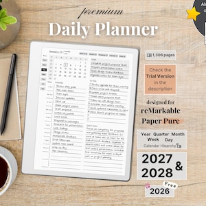 Premium Daily Planner for reMarkable Paper Pure, 2026, 2027, 2028, Year Quarter Month Week Day, Sunday-Monday, Left-Right-Handed, Minimalist