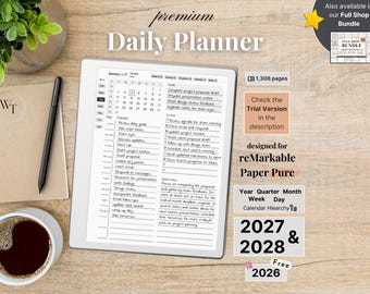 Premium Daily Planner for reMarkable Paper Pure, 2026, 2027, 2028, Year Quarter Month Week Day, Sunday-Monday, Left-Right-Handed, Minimalist