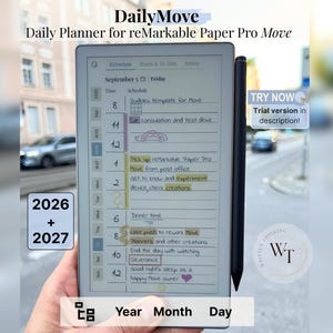 Daily Planner for reMarkable Paper Pro Move, 2026, 2027, DailyMove, Year Month Day, Notebook, Sunday-Monday, Left-Right