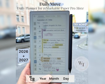 reMarkable Paper Pro Move、2026、2027、DailyMove、年月日、ノートブック、日曜-月曜、左-右用デイリープランナー