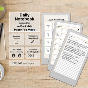 Notizbuch Move für reMarkable Paper Pro Move, undatierte Tagesnotizen, 5 linierte Seiten pro Tag, mit Hyperlinks, mehrfarbig
