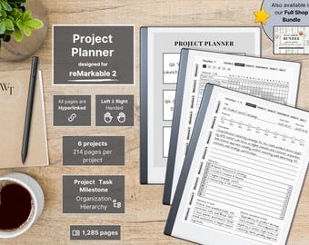 Project Planner for reMarkable 2, 6 Projects, Business, Milestones, Tasks, Timelines, Kanban, Review, Meeting, Left-Right Handed