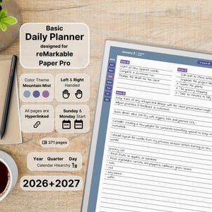 Agenda quotidien basique pour papier reMarkable Pro, 2026, 2027, violet, calendrier quotidien et carnet de notes, dimanche-lundi, gauche-droite, lien hypertexte