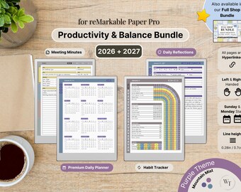 Bundle for reMarkable Paper Pro, 2026, 2027, Productivity & Balance Bundle, Purple, Daily Planner, Meetings, Habits, Reflections, dated