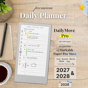 Premium-Tagesplaner für reMarkable Paper Pro Move, 2026, 2027, 2028, DailyMove Pro, Jahr, Quartal, Monat, Woche, Tag, Sonntag-Montag, Links-Rechts