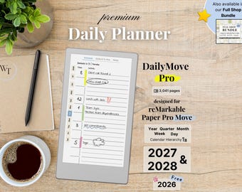 Premium Daily Planner for reMarkable Paper Pro Move, 2026, 2027, 2028, DailyMove Pro, Year Quarter Month Week Day, Sunday-Monday, Left-Right