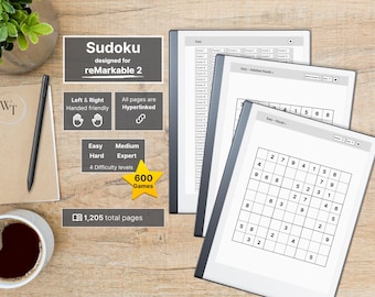 Sudoku for reMarkable 2, 600 hyperlinked Puzzles, Easy - Medium - Hard - Expert Level and Solutions, Bundle, Mindgames