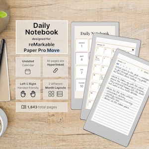 Cuaderno diario Move para reMarkable Paper Pro Move, notas diarias sin fecha, 5 páginas rayadas por día, hipervínculos, multicolor