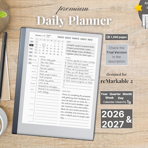reMarkable 2用プレミアムデイリープランナー - 2026、2027、カレンダーとノート、年間、四半期、月、週、日、日曜日-月曜日、左右