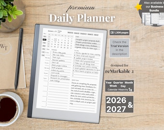 Planificador diario premium para reMarkable 2 — 2026, 2027, calendario y cuaderno, Año completo, Trimestre, Mes, Semana, Día, Domingo-Lunes, Izquierda-Derecha