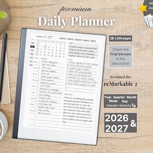 Premium dagplanner voor reMarkable 2 — 2026, 2027, kalender en notitieboek, volledig jaar, kwartaalmaand, weekdag, zondag-maandag, links-rechts