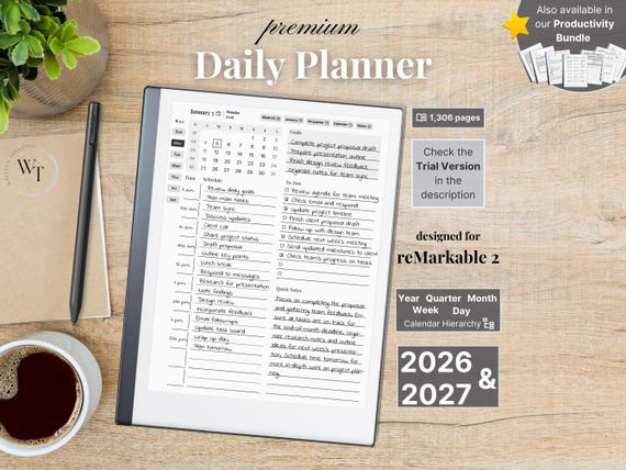 Premium Daily Planner for reMarkable 2 — 2026, 2027, calendar and notebook, Full Year Quarter Month Week Day, Sunday-Monday,Left-Right