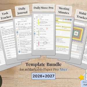 Può includere: Un pacchetto di modelli digitali per reMarkable Paper Pro Move, inclusi i planner per il 2026 e il 2027. Include modelli per liste di cose da fare, tracciamento attività, diario, DailyMove Pro, verbali di riunione, abitudini e taccuini.