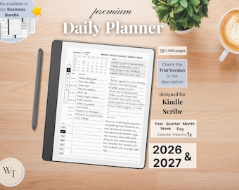 Agenda quotidien premium pour Kindle Scribe : minimaliste, 2026, 2027, année quart de mois, jour de la semaine, dimanche-lundi, gaucher