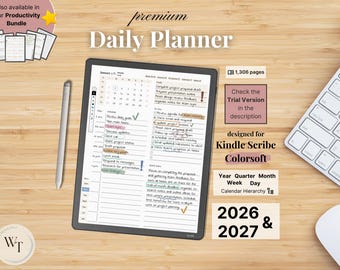 Premium Daily Planner for Kindle Scribe Colorsoft — Minimalist, 2026, 2027, Year Quarter Month Week Day, Sunday-Monday, Left-Right-Handed