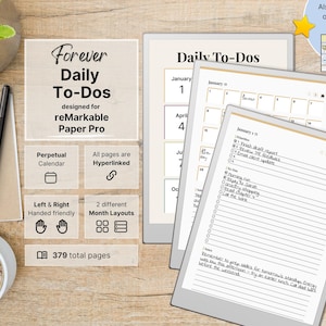 Puede incluir: Una agenda digital para reMarkable Paper Pro con calendario perpetuo, páginas con hipervínculos y 379 páginas en total. La pantalla muestra listas de tareas diarias con prioridades, objetivos y notas, junto a un lápiz óptico y café.