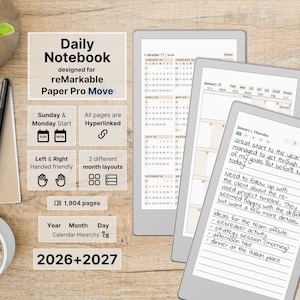 Daily Notebook for reMarkable Paper Pro Move, dated Daily Notes, 5 lined pages per day, hyperlinked, Sunday-Monday Start