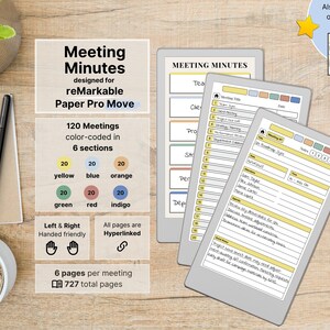 Meeting Minutes Move for reMarkable Paper Pro Move, 120 Meetings with 6 pages, multicolor, hyperlinked, Meeting Notebook, Meeting Notes