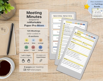 Meeting Minutes Move for reMarkable Paper Pro Move, 120 Meetings with 6 pages, multicolor, hyperlinked, Meeting Notebook, Meeting Notes