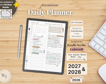 Premium Daily Planner for Kindle Scribe Colorsoft, 2026, 2027, 2028, Year Quarter Month Week Day, Sunday-Monday, Left-Right-Handed