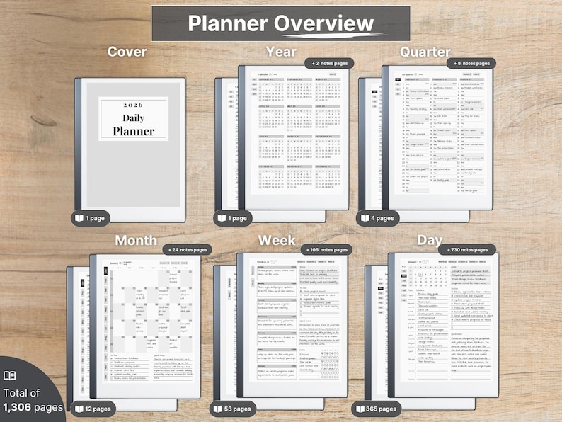 Planificador diario premium para reMarkable 2 — 2026, 2027, calendario y cuaderno, Año completo, Trimestre, Mes, Semana, Día, Domingo-Lunes, Izquierda-Derecha imagen 2