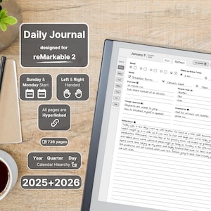 Daily Journal for reMarkable 2, 2025, 2026, Daily Planner & Reflections, Notebook, Hyperlinked, Sunday-Monday Start, Left-Right Handed