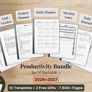 Templates for reMarkable 2, 2026, 2027, Daily Planner, Journal, Meeting Notes, Project, Notebook, To-Do, Task Tracker, Productivity Bundle