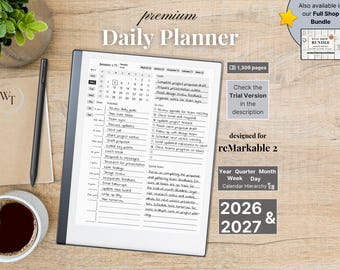Premium Daily Planner for reMarkable 2 — 2026, 2027, calendar and notebook, Full Year Quarter Month Week Day, Sunday-Monday,Left-Right