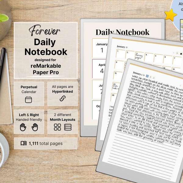 Daily Notebook for reMarkable Paper Pro, perpetual calendar and daily notes, 3 lined pages per day, hyperlinked, multicolor, undated