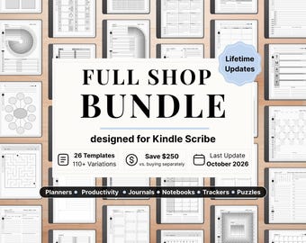 Lifetime Full Shop Bundle for Kindle Scribe - Planners, Productivity, Journals, Notebooks, Trackers, Puzzles, Full Template Access