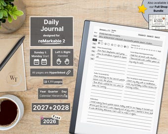 Daily Journal for reMarkable 2, 2026, 2027, 2028, Minimalist, Year, Quarter, Day, Gratitude, Reflection, Sunday-Monday, Left-Right-Handed